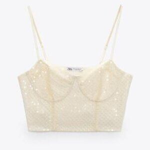 Zara Ivory White Sequin Corset Bustier Crop Madonna Top M NWT